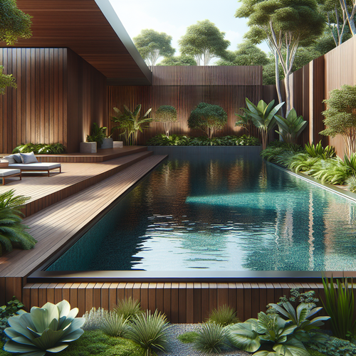 Design élégant d'un couloir de nage en bois s'intégrant dans un jardin moderne