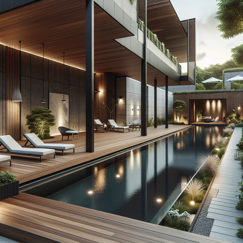 Configuration sur-mesure d'un couloir de nage en bois avec terrasse suspendue