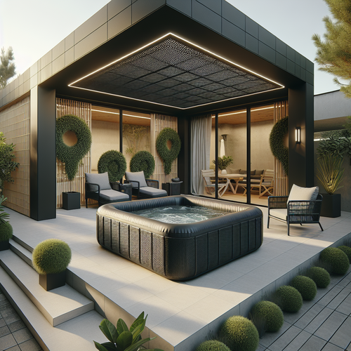 Habillage spa carré en rotin noir élégant sur terrasse