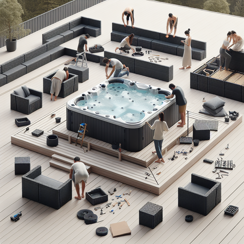 Premier plan détail rotin synthétique noir autour spa carré