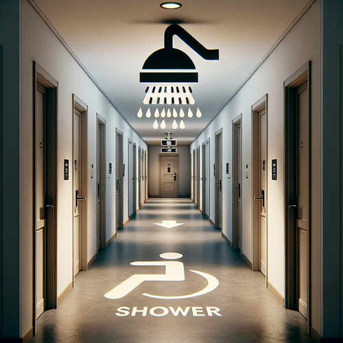 Pictogramme douche sur une porte dans un espace public, exemple de signalétique universelle